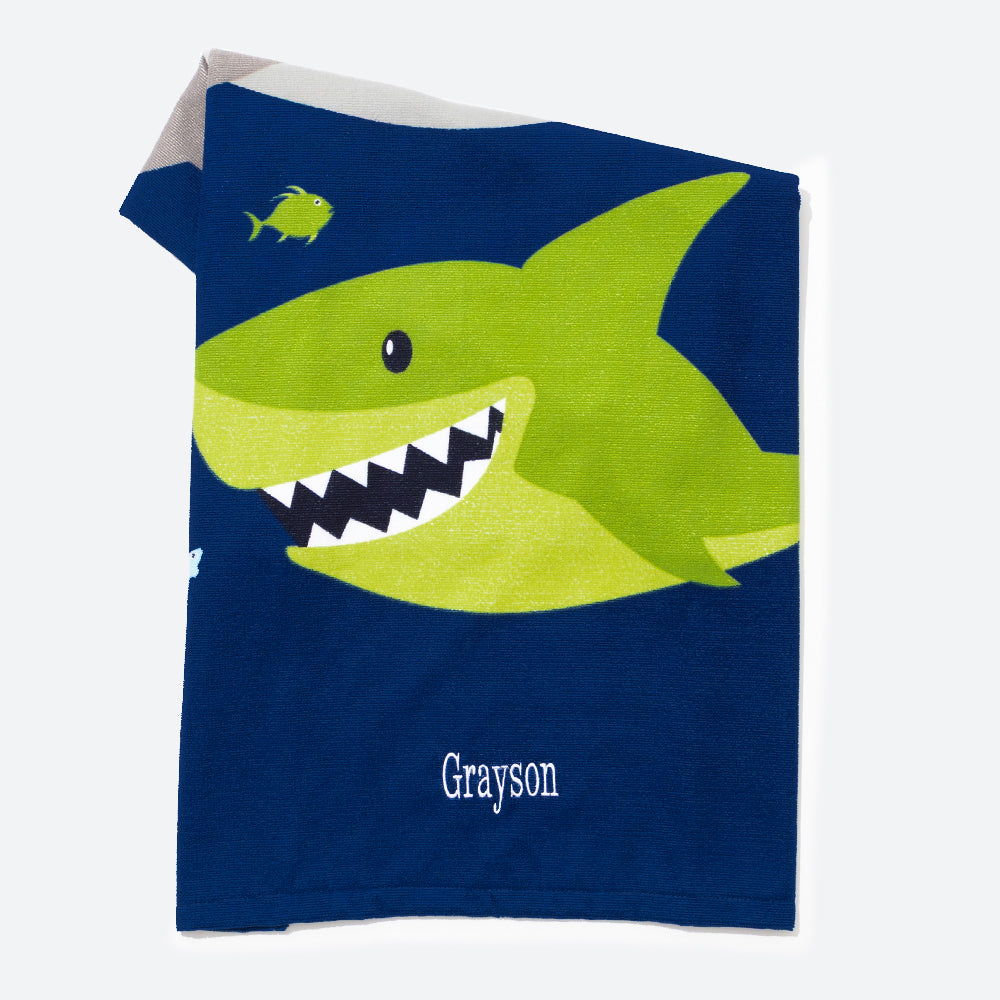 monogrammed kids blue beach towel with shark design