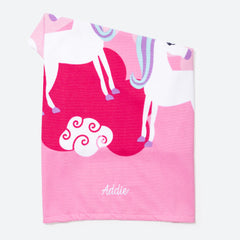 kids pink unicorn beach towel with name personalization