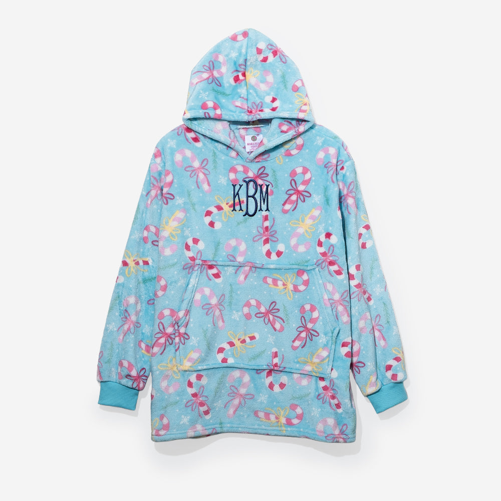 monogrammed kids blanket hoodie in candy cane cutie 