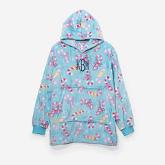 monogrammed kids blanket hoodie in candy cane cutie 