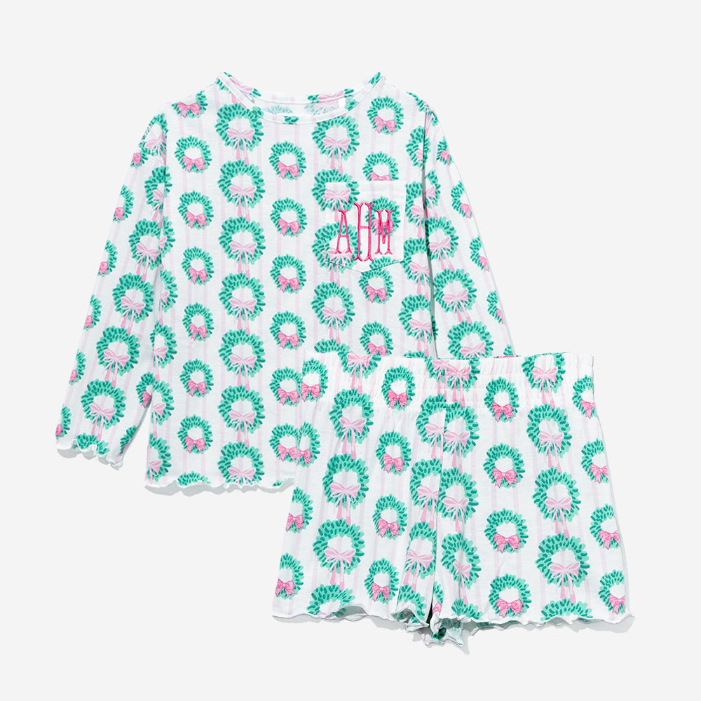 monogrammed kids lettuce edge sleep set in elegant evergreen