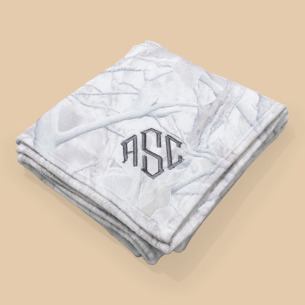 monogrammed kids plush blanket in birch camo