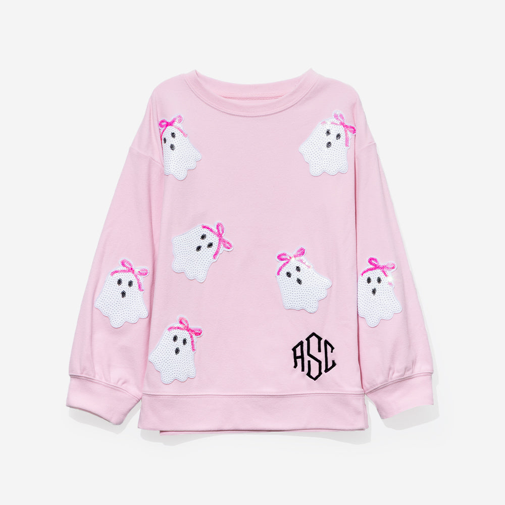 monogrammed kids sequin ghost sweatshirt in light pink