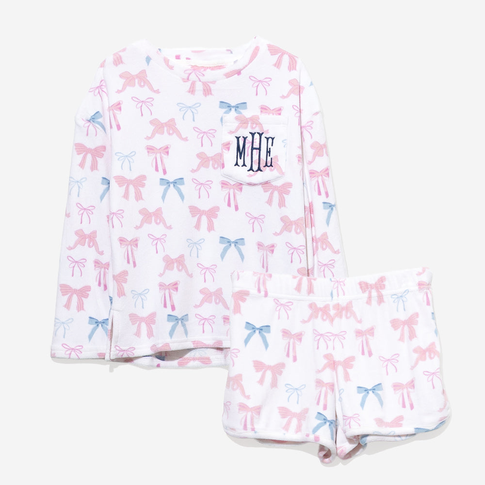 monogrammed kids softspun lounge set in pink blue coquette