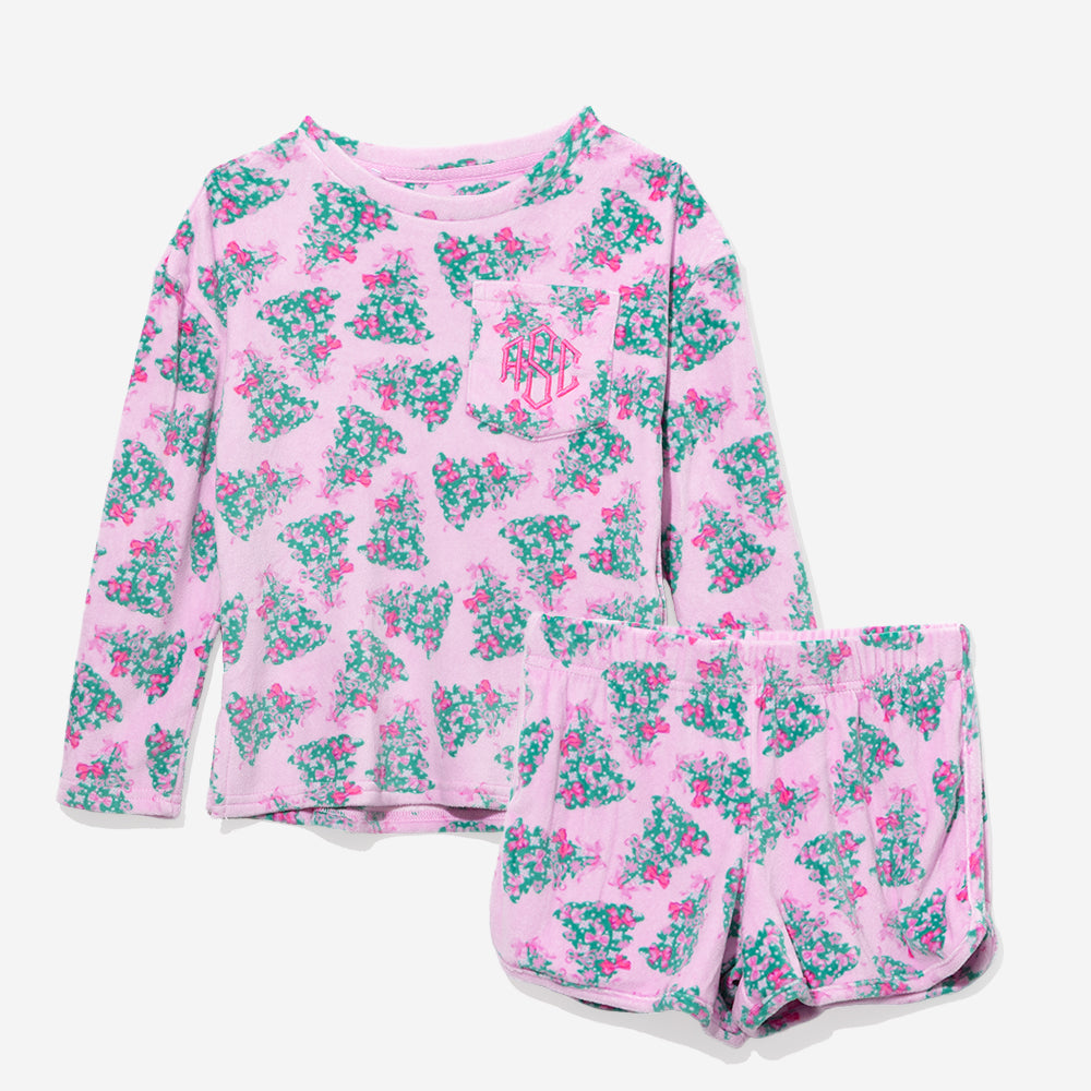 monogrammed kids softspun lounge set in pink christmas trees new
