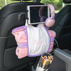 monogrammed kids travel blanket in car 