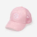monogrammed kids trucker hat in pink camo