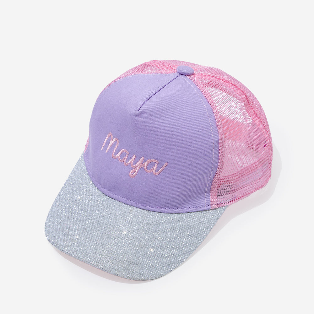 monogrammed kids trucker hat in purple