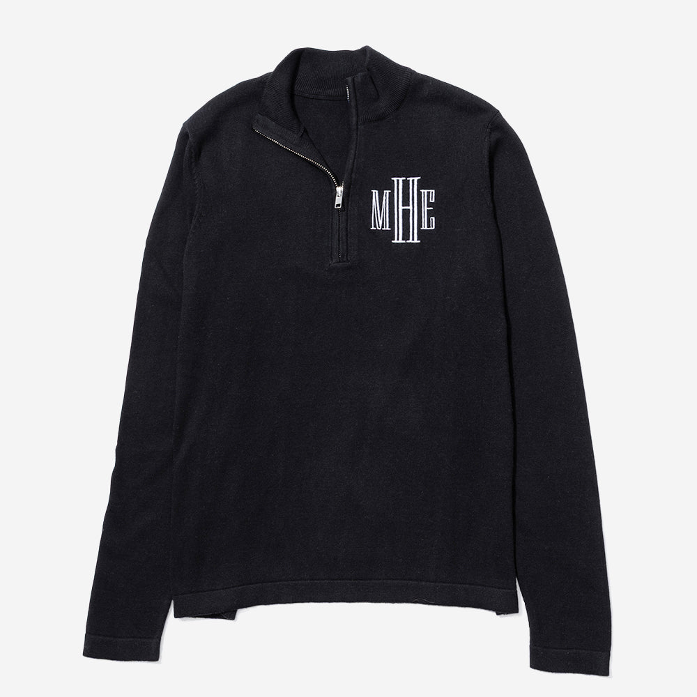 monogrammed knit quarter zip pullover in black