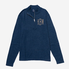 monogrammed knit quarter zip pullover in heathered navy