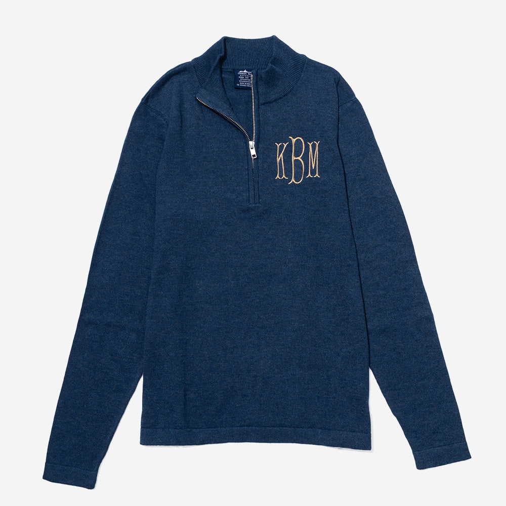 monogrammed knit quarter zip pullover in heathered navy
