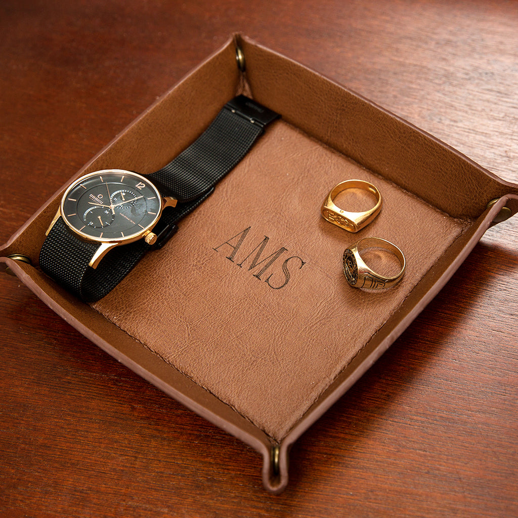 engraved personalized mens leather tray with watch and rings