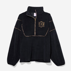 monogrammed leopard piped pullover sweatshirt in black with leopard