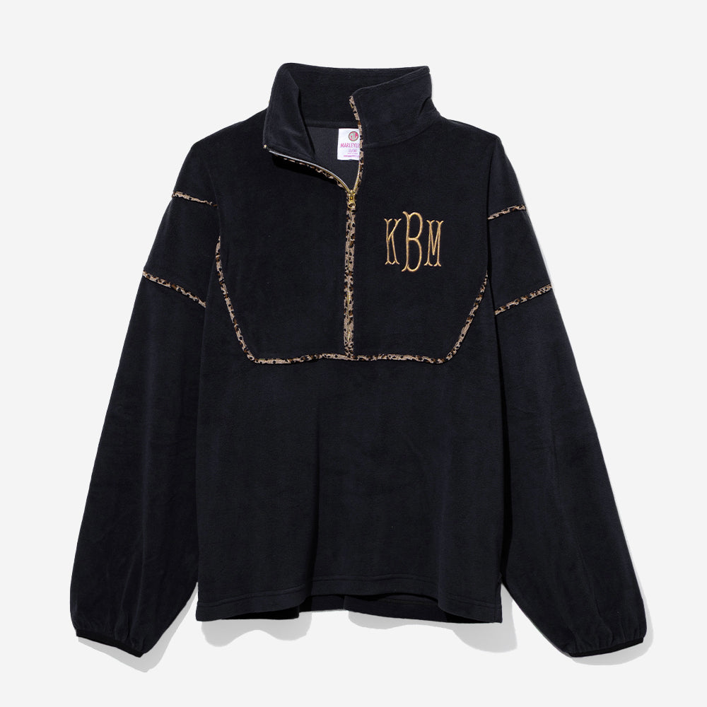 monogrammed leopard piped pullover sweatshirt in black with leopard