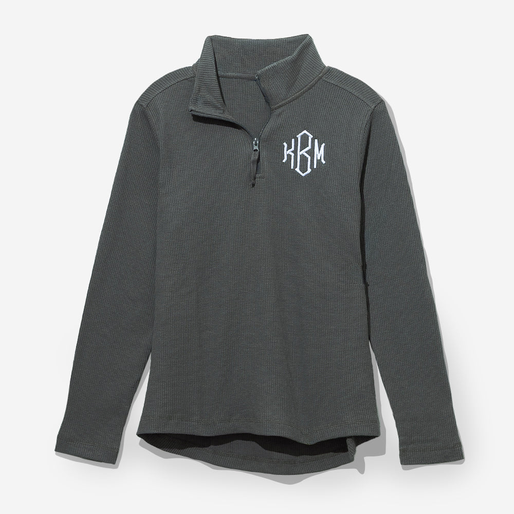 monogrammed lightweight waffle quarter zip pullover in charcoal 