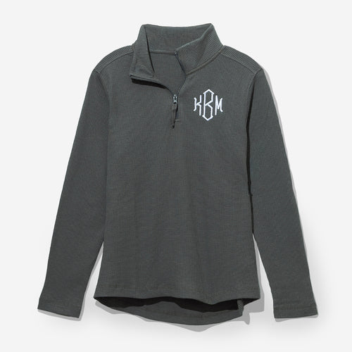 monogrammed lightweight waffle quarter zip pullover in charcoal 