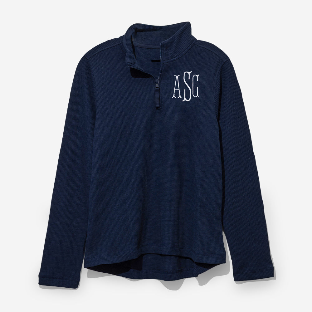 monogrammed lightweight waffle quarter zip pullover in navy 