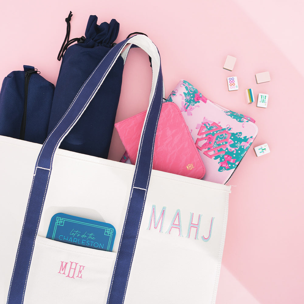 monogrammed mahjong mat in pink christmas trees in mahj tote 