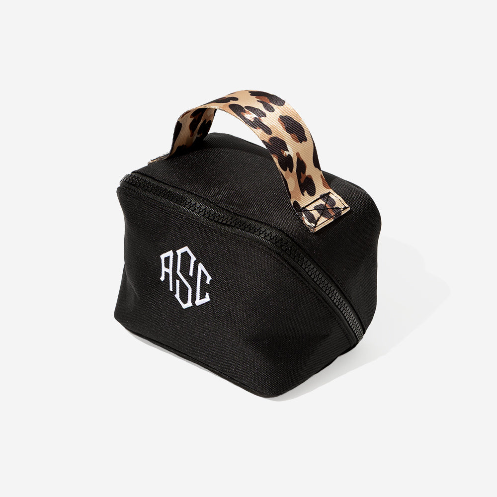 monogrammed makeup bag in black classic cheetah