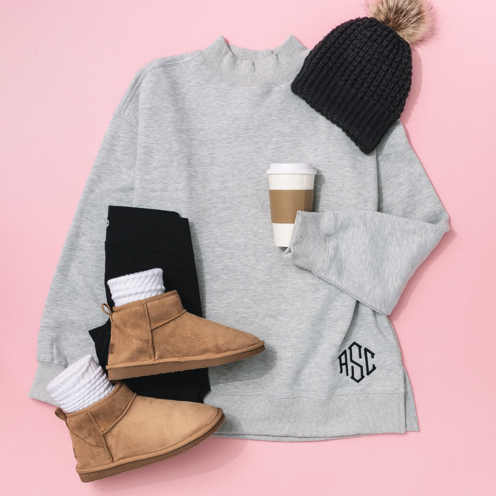 monogrammed mockneck sweatshirt in heathered grey ootd 