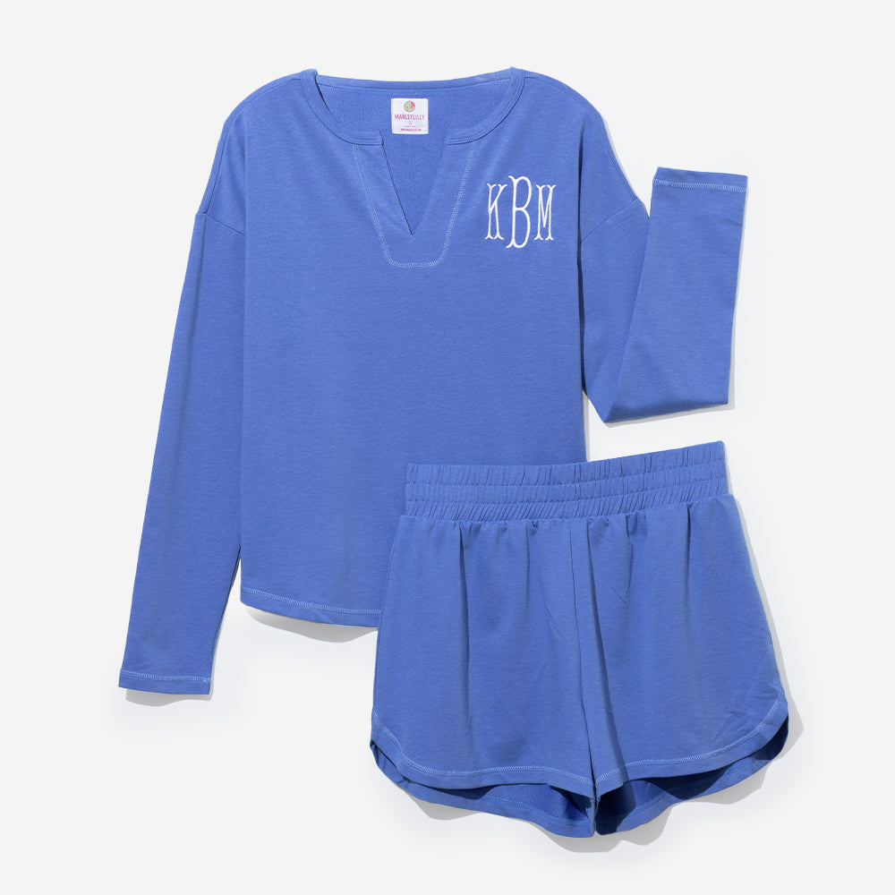 monogrammed notch neck sleep set in cornflower