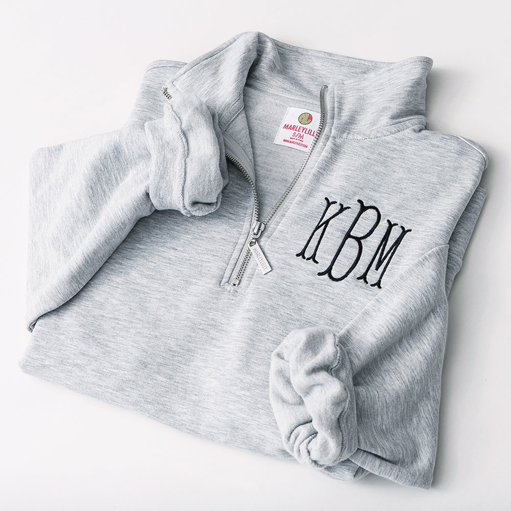monogrammed oversized quarter zip pullover in heathered grey with rolled sleeves 