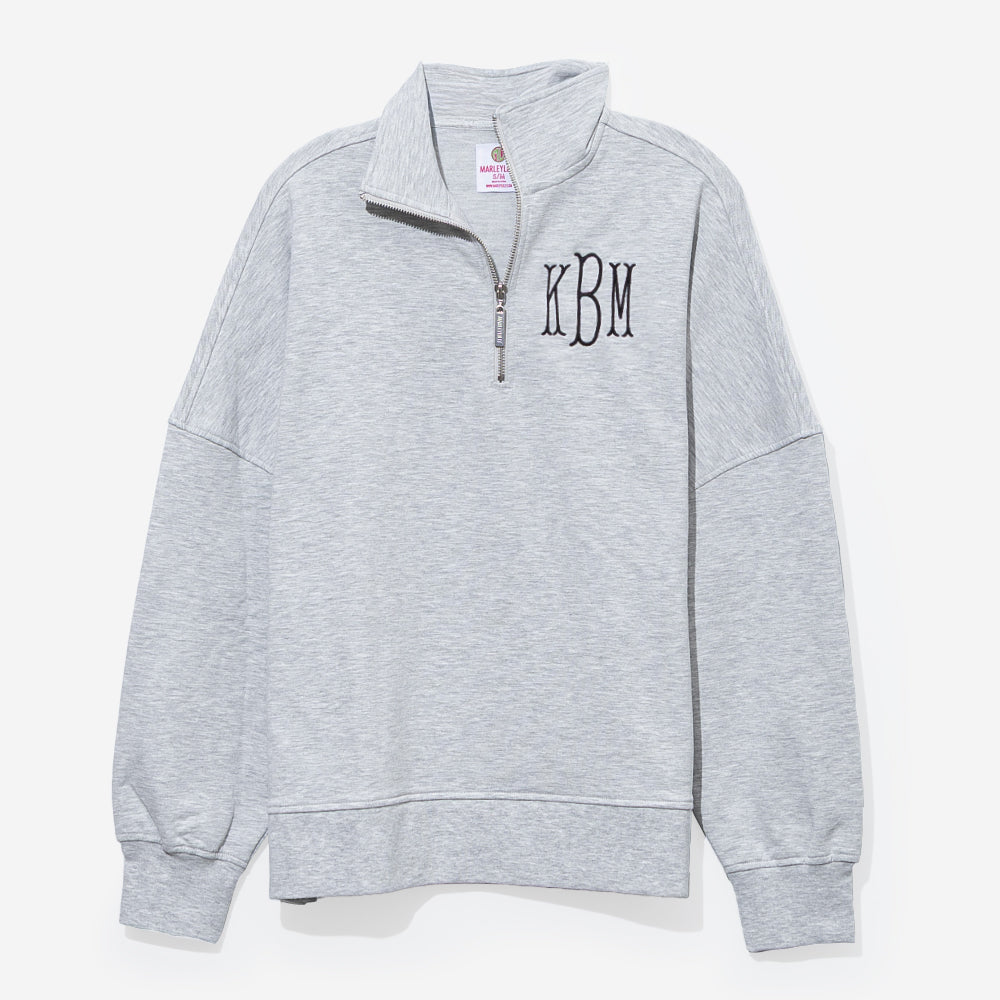 monogrammed oversized quarter zip pullover in heathered grey