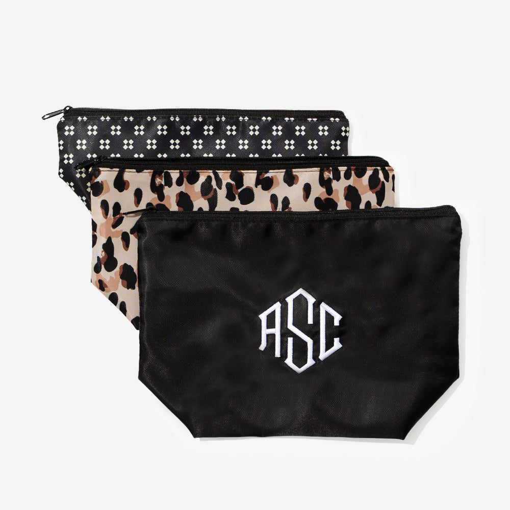 monogrammed packable cosmetic bag in black classic cheetah