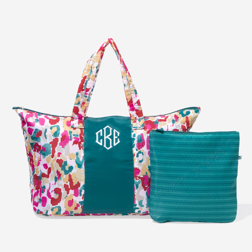 monogrammed packable weekend duffel bag in autumn watercolor cheetah