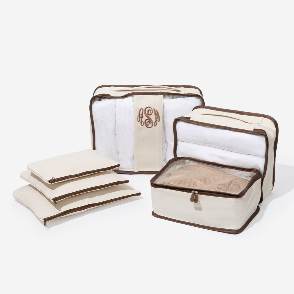 monogrammed packing bag set in ivory