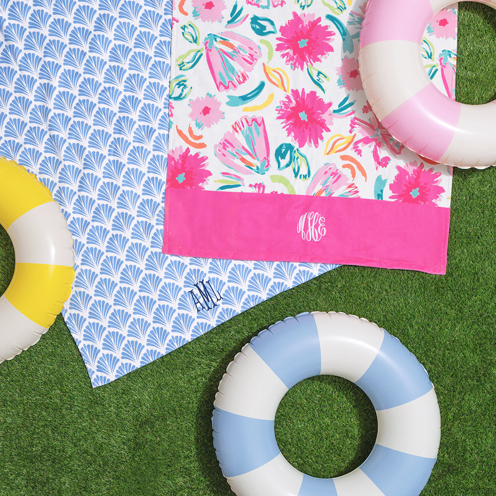 monogrammed painted petals and blue shells beach towel india