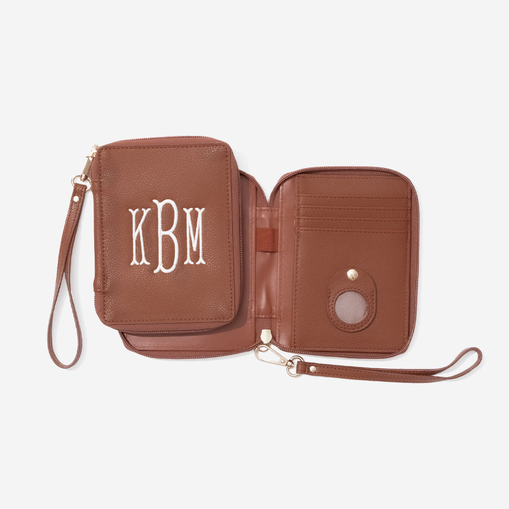 monogrammed passport holder in brown