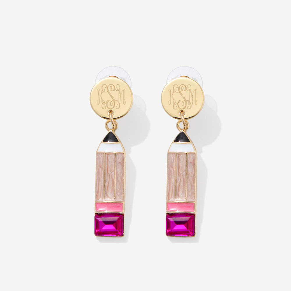 monogrammed pencil earrings in pink