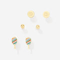 Engraved gold earrings, gold ball earrings, and colorful striped pickleball paddle earrings on a white background