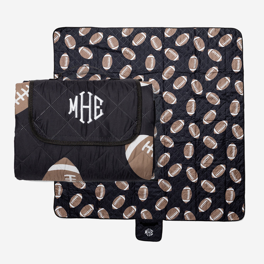 monogrammed picnic blanket in black footballs