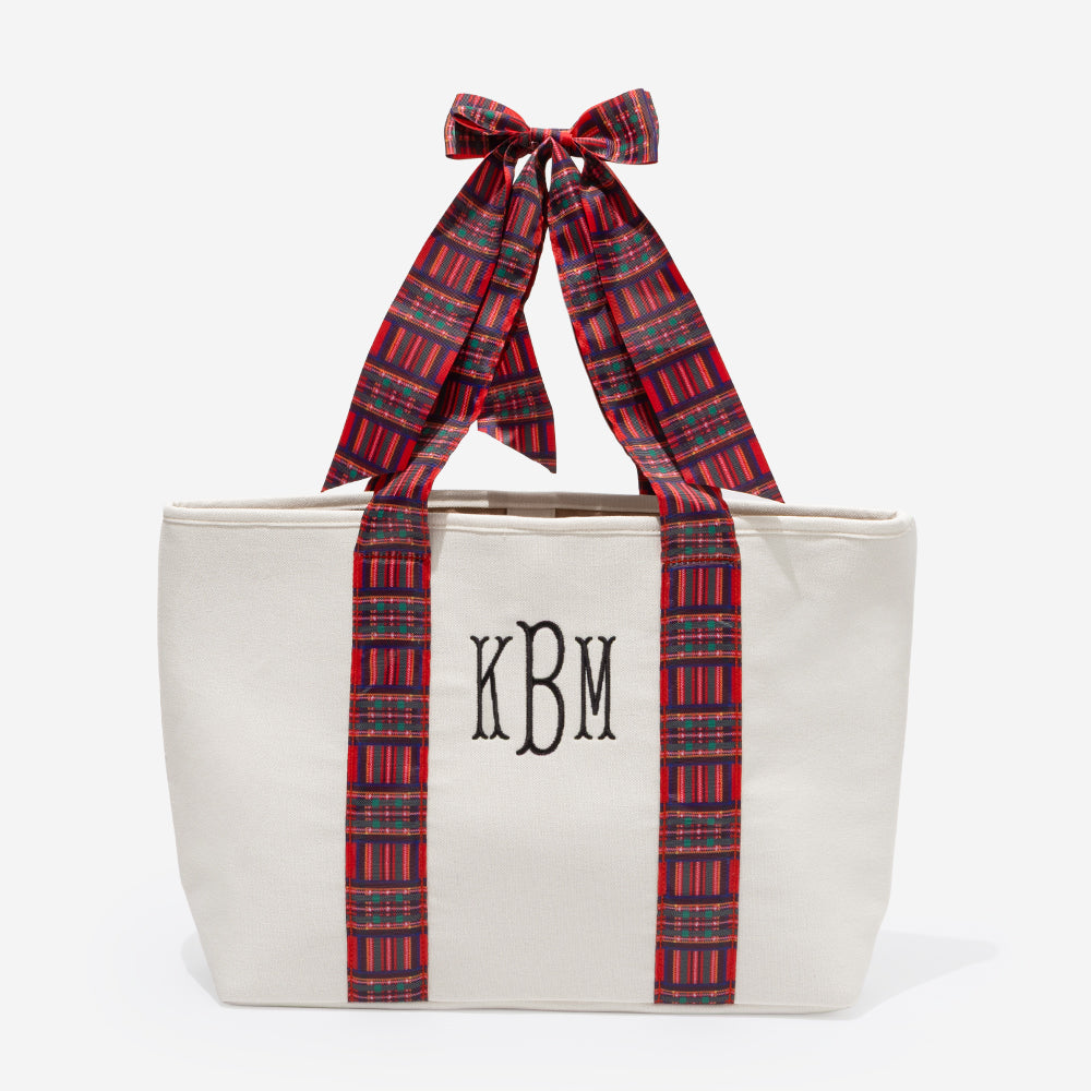monogrammed plaid tote in red plaid 