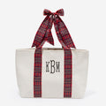 monogrammed plaid tote in red plaid 