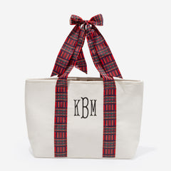 monogrammed plaid tote in red plaid 