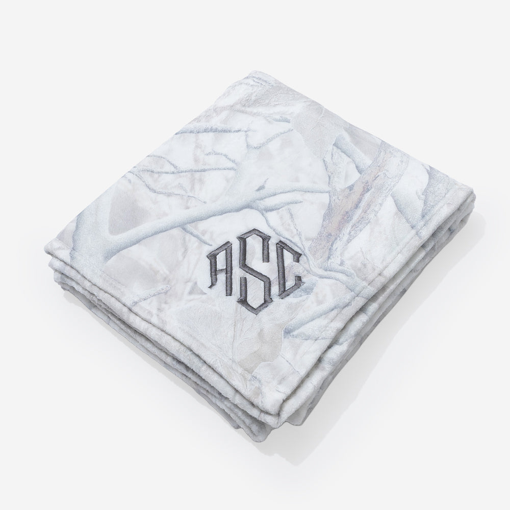 monogrammed plush blanket in birch camo