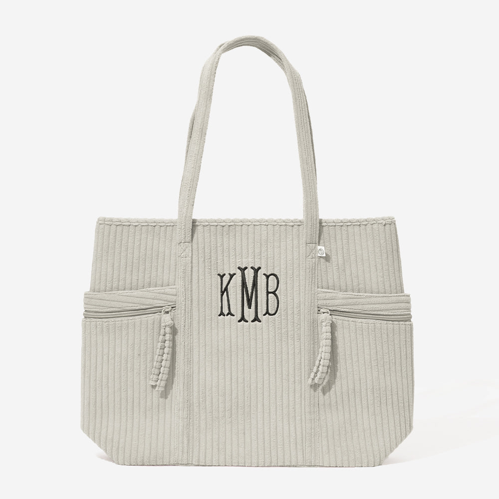 monogrammed pocket tote bag in taupe grey
