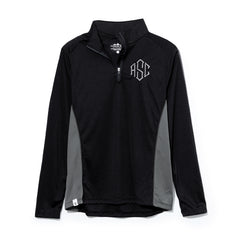 monogrammed quarter zip pullover in black and grey 