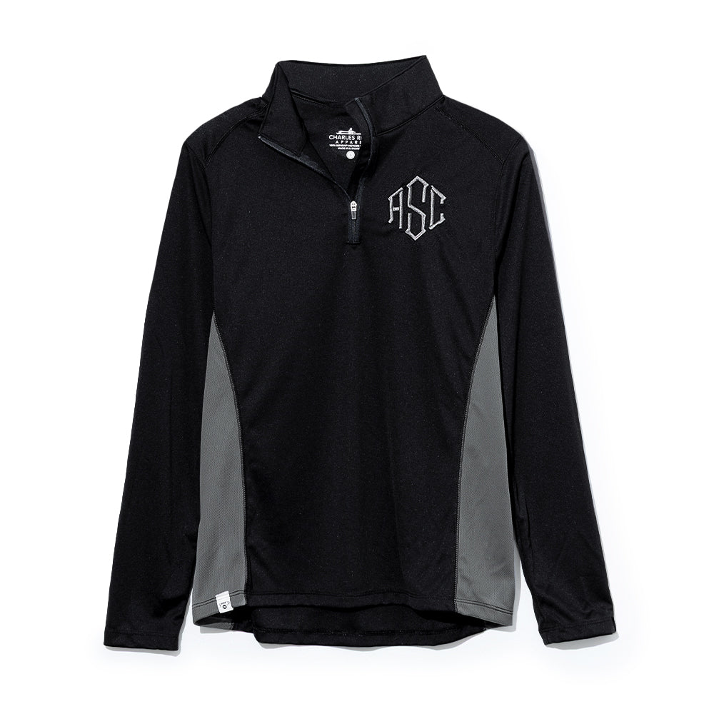 monogrammed quarter zip pullover in black and grey 