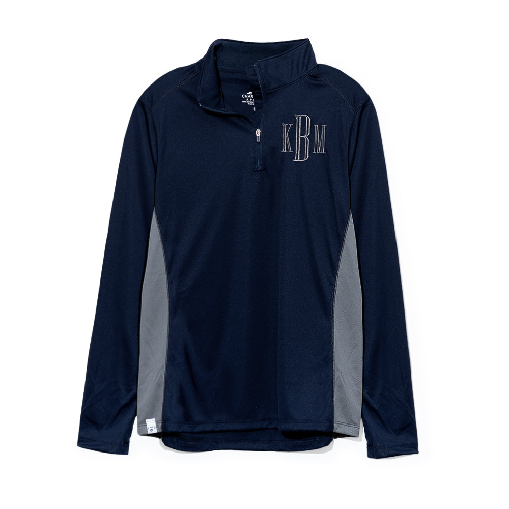 monogrammed quarter zip pullover in navy and grey 