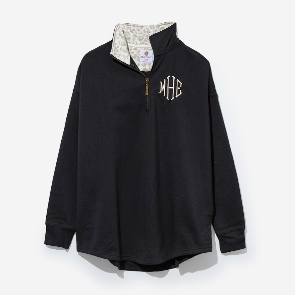monogrammed quarter zip sweatshirt in luxe leopard 
