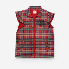 monogrammed quilted ruffle sleeve vest in red plaid 