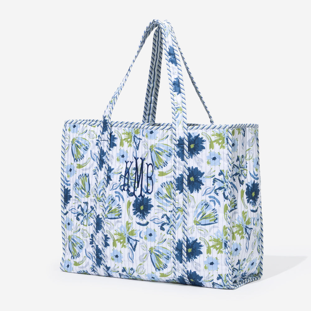 monogrammed quilted tote bag in indigo painted petals 