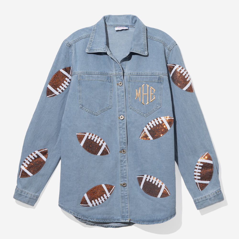 monogrammed sequin denim shacket in footballs
