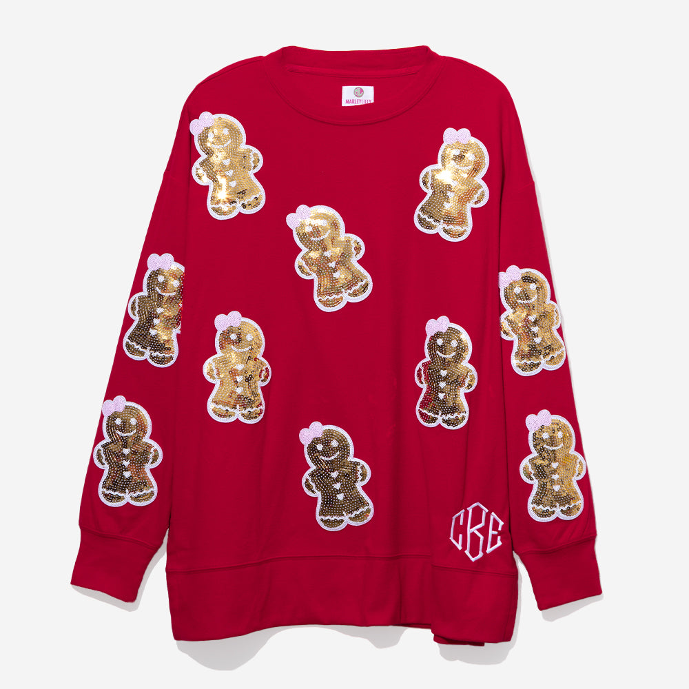 monogrammed sequin gingerbread sweatshirt in red