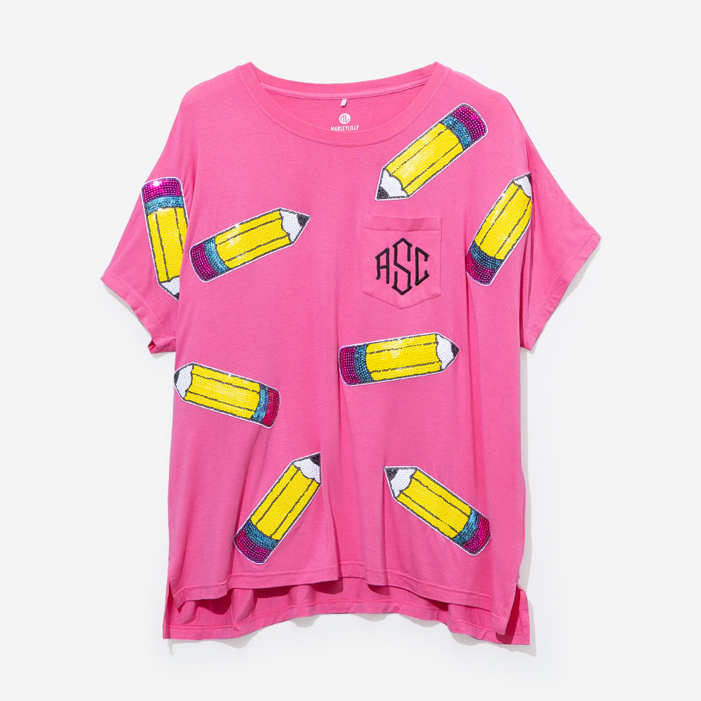 monogrammed sequin teacher tee in hot pink