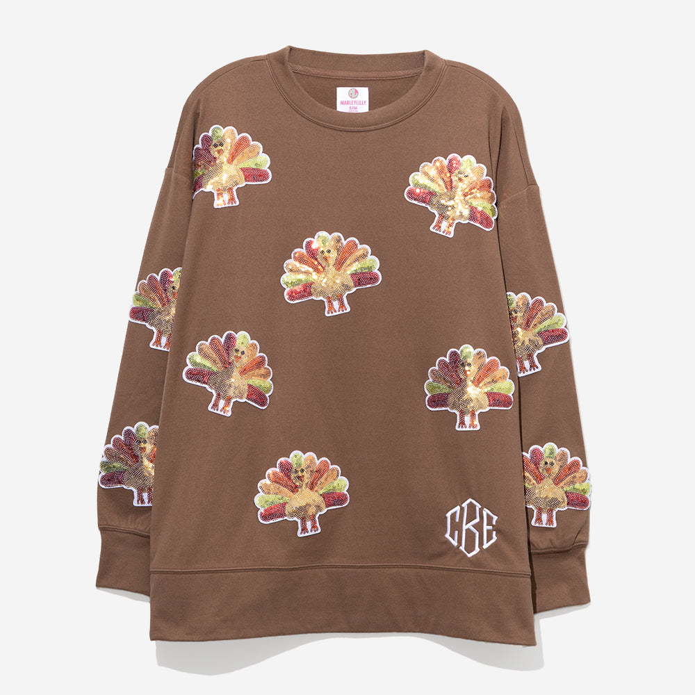 monogrammed sequin turkey sweatshirt in brown